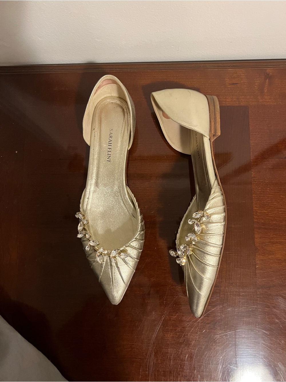 Sarah Flint Gold Crystal Embellished Pointed-Toe D'Orsay Flats